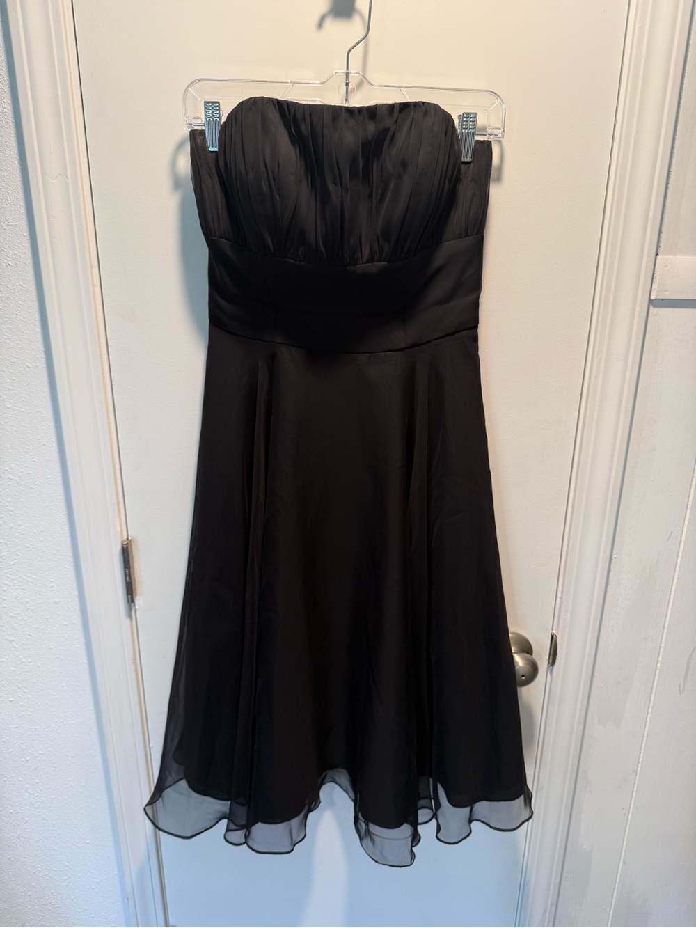 Mori Lee Strapless Black Tea-Length Chiffon Dress